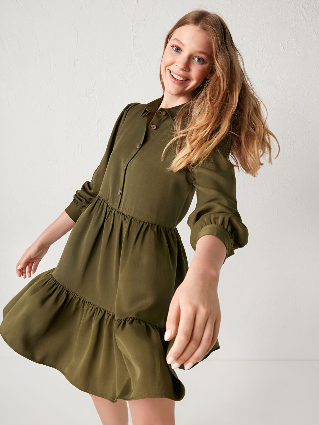 Haki Düz Düğmeli Kadın Gömlek Elbise-2