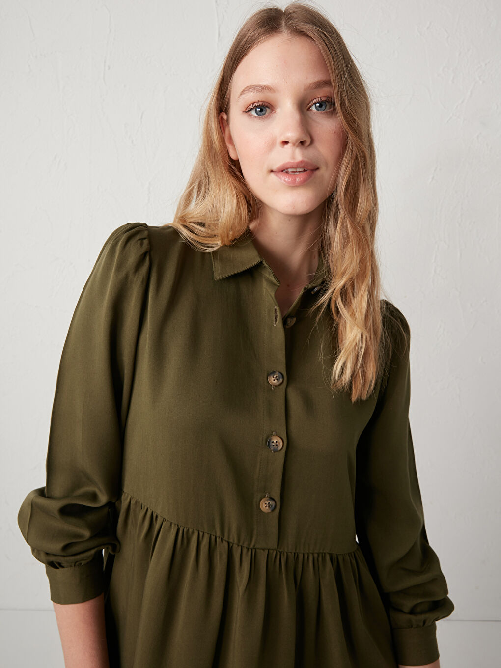 Haki Düz Düğmeli Kadın Gömlek Elbise-3