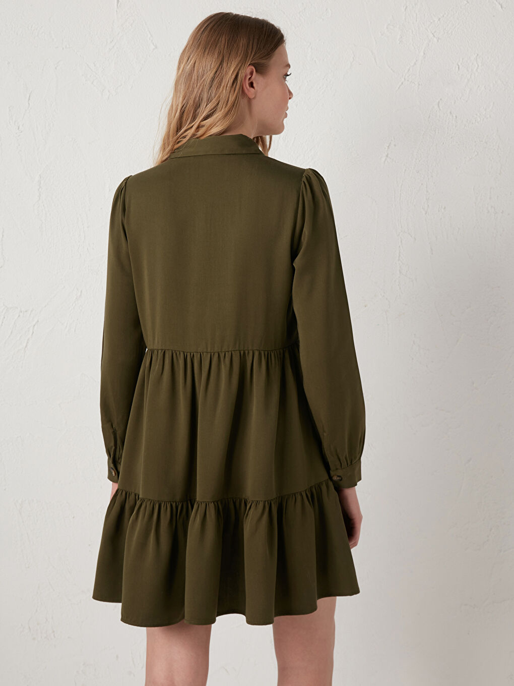 Haki Düz Düğmeli Kadın Gömlek Elbise-4