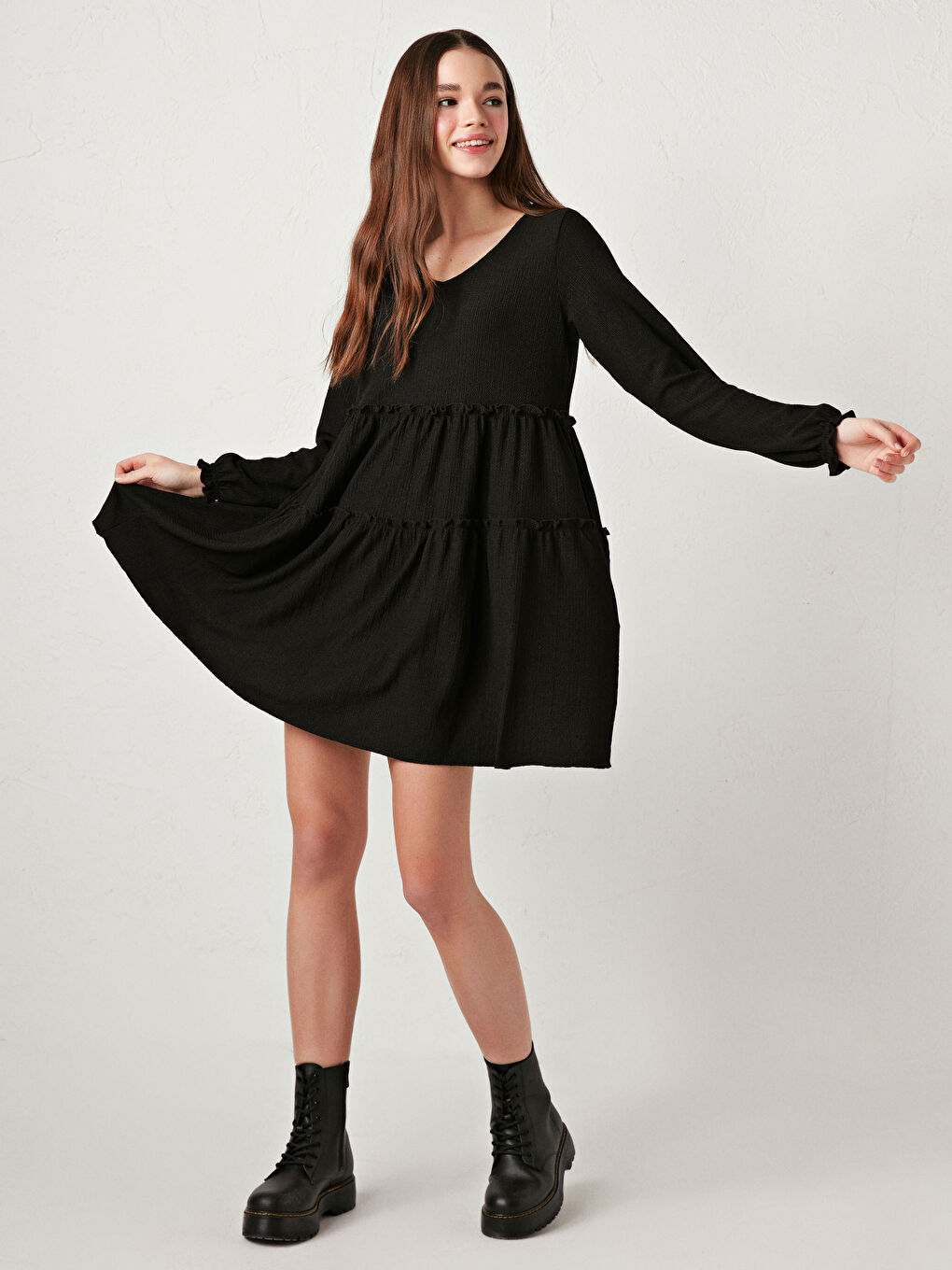 LCW Vision V Neck Ruffle Detail Long Sleeve Women Dress -S1BT42Z8-CVL