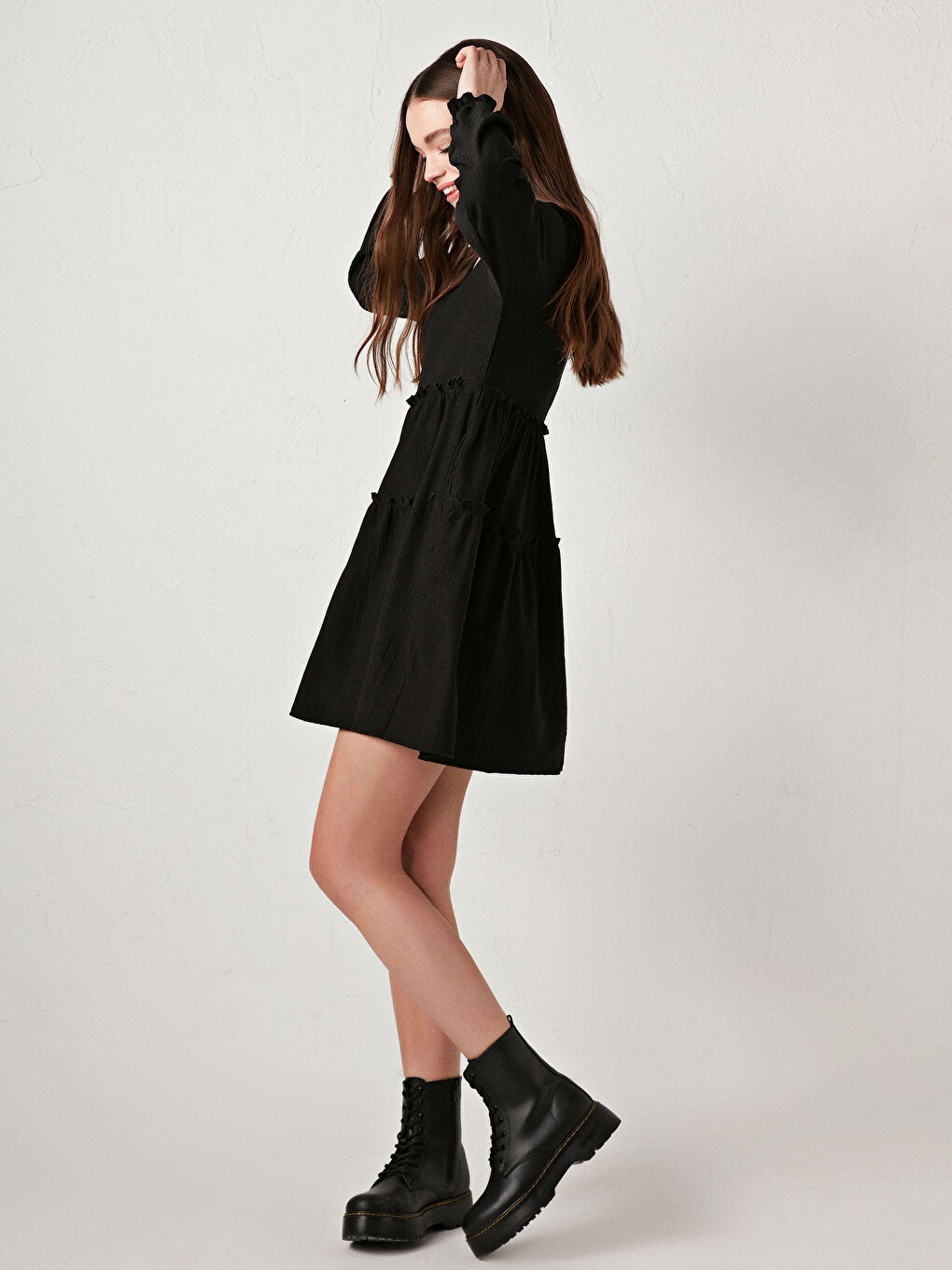 LCW Vision V Neck Ruffle Detail Long Sleeve Women Dress -S1BT42Z8-CVL