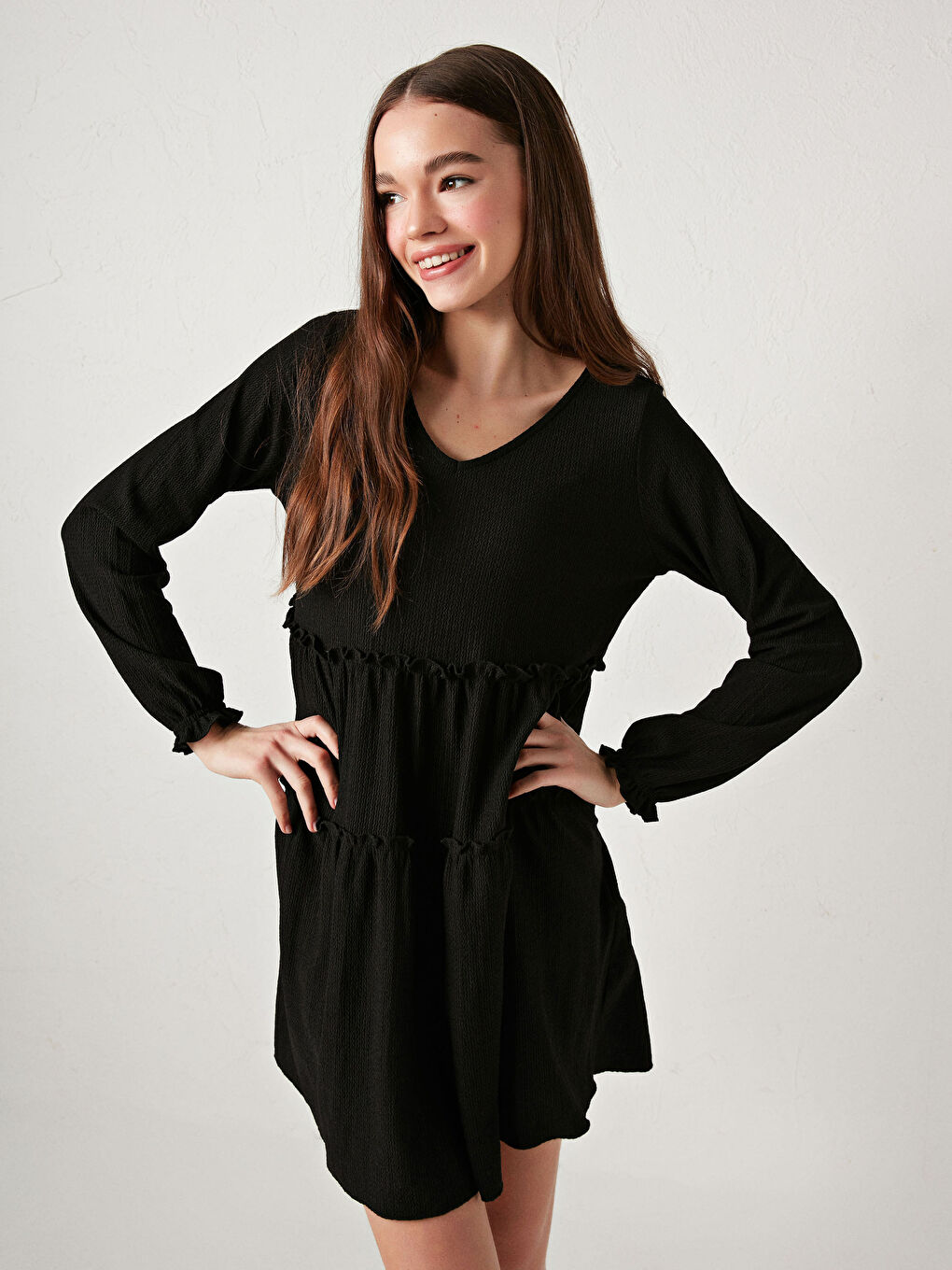 LCW Vision V Neck Ruffle Detail Long Sleeve Women Dress -S1BT42Z8-CVL