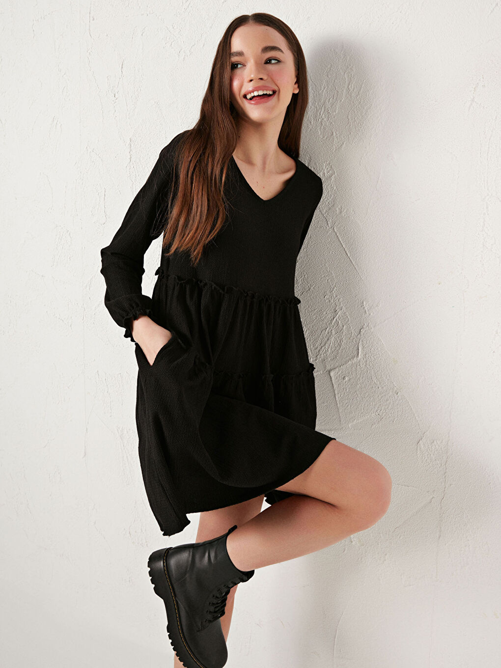 LCW Vision V Neck Ruffle Detail Long Sleeve Women Dress -S1BT42Z8-CVL