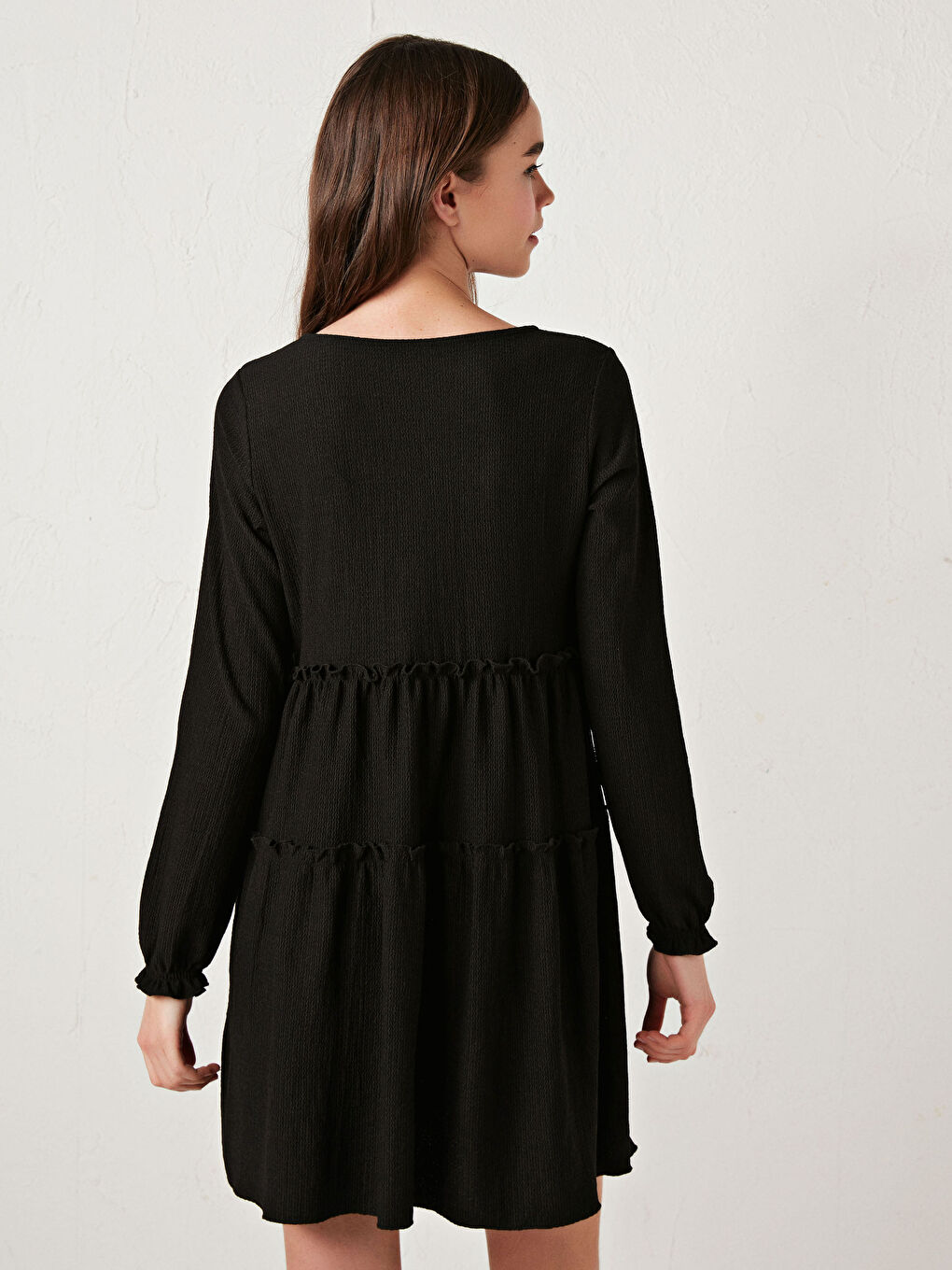 LCW Vision V Neck Ruffle Detail Long Sleeve Women Dress -S1BT42Z8-CVL