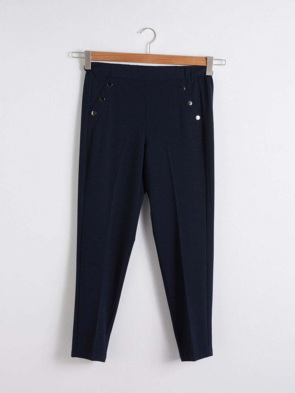 Lacivert Beli Lastikli Düğme Detaylı Pantolon-10