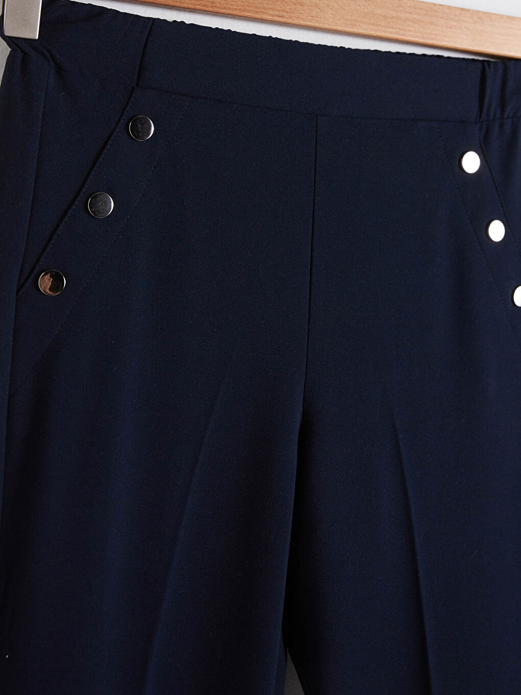 Lacivert Beli Lastikli Düğme Detaylı Pantolon-12