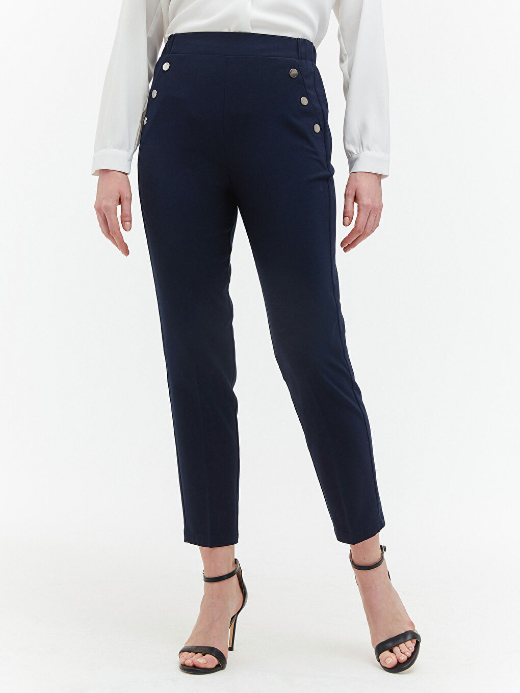 Lacivert Beli Lastikli Düğme Detaylı Pantolon-7