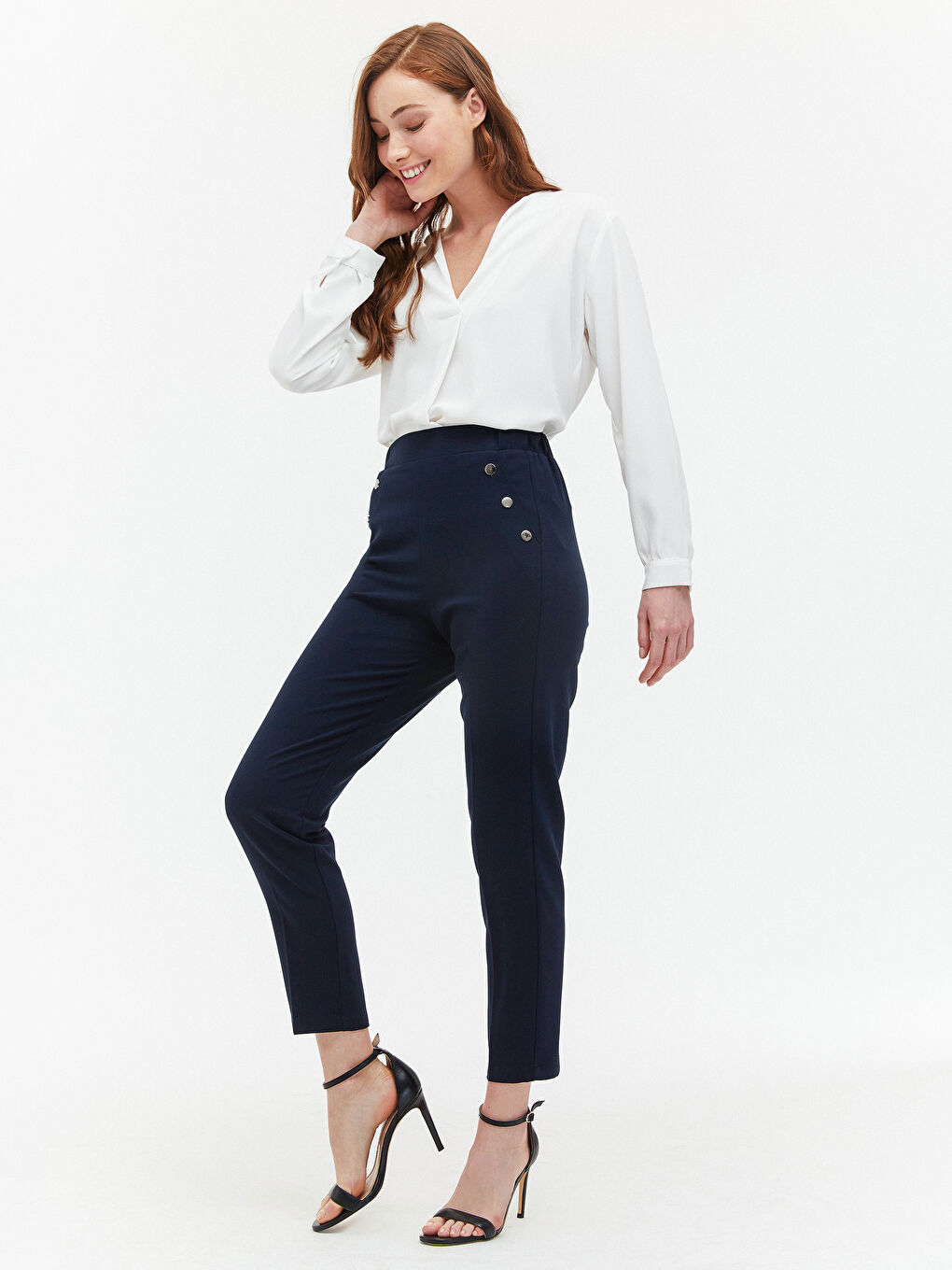Lacivert Beli Lastikli Düğme Detaylı Pantolon-9