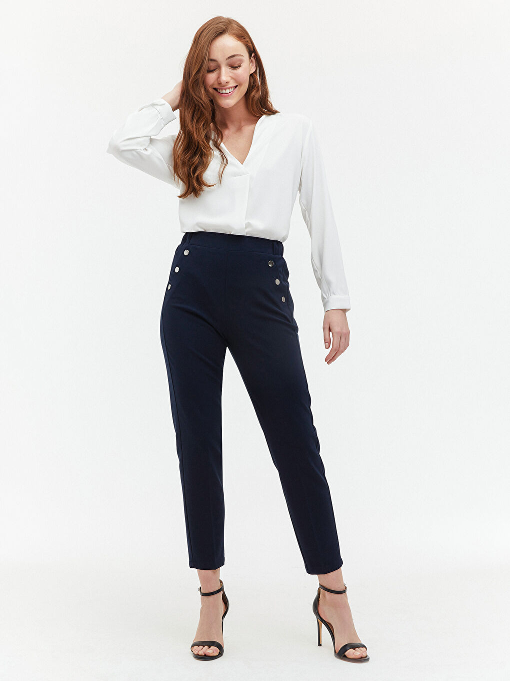 Lacivert Beli Lastikli Düğme Detaylı Pantolon-5