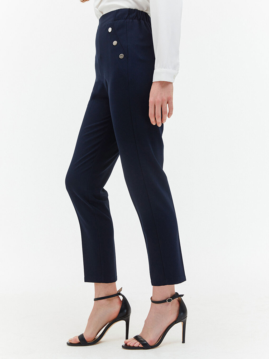 Lacivert Beli Lastikli Düğme Detaylı Pantolon-6