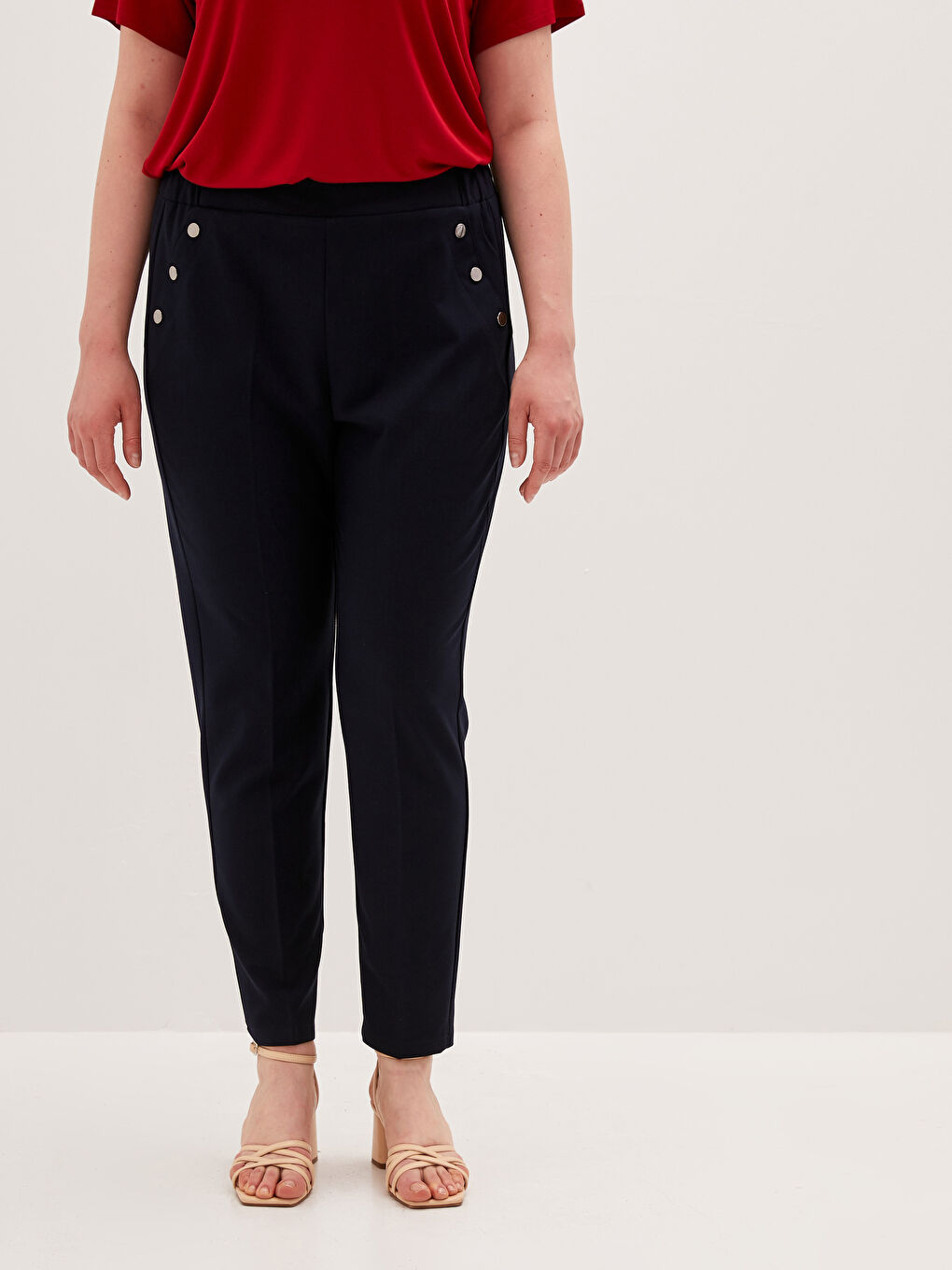 Lacivert Beli Lastikli Düğme Detaylı Pantolon-3