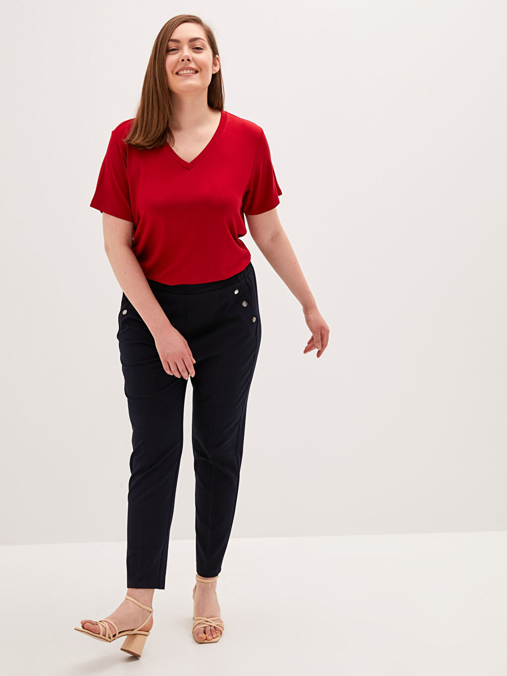 Lacivert Beli Lastikli Düğme Detaylı Pantolon