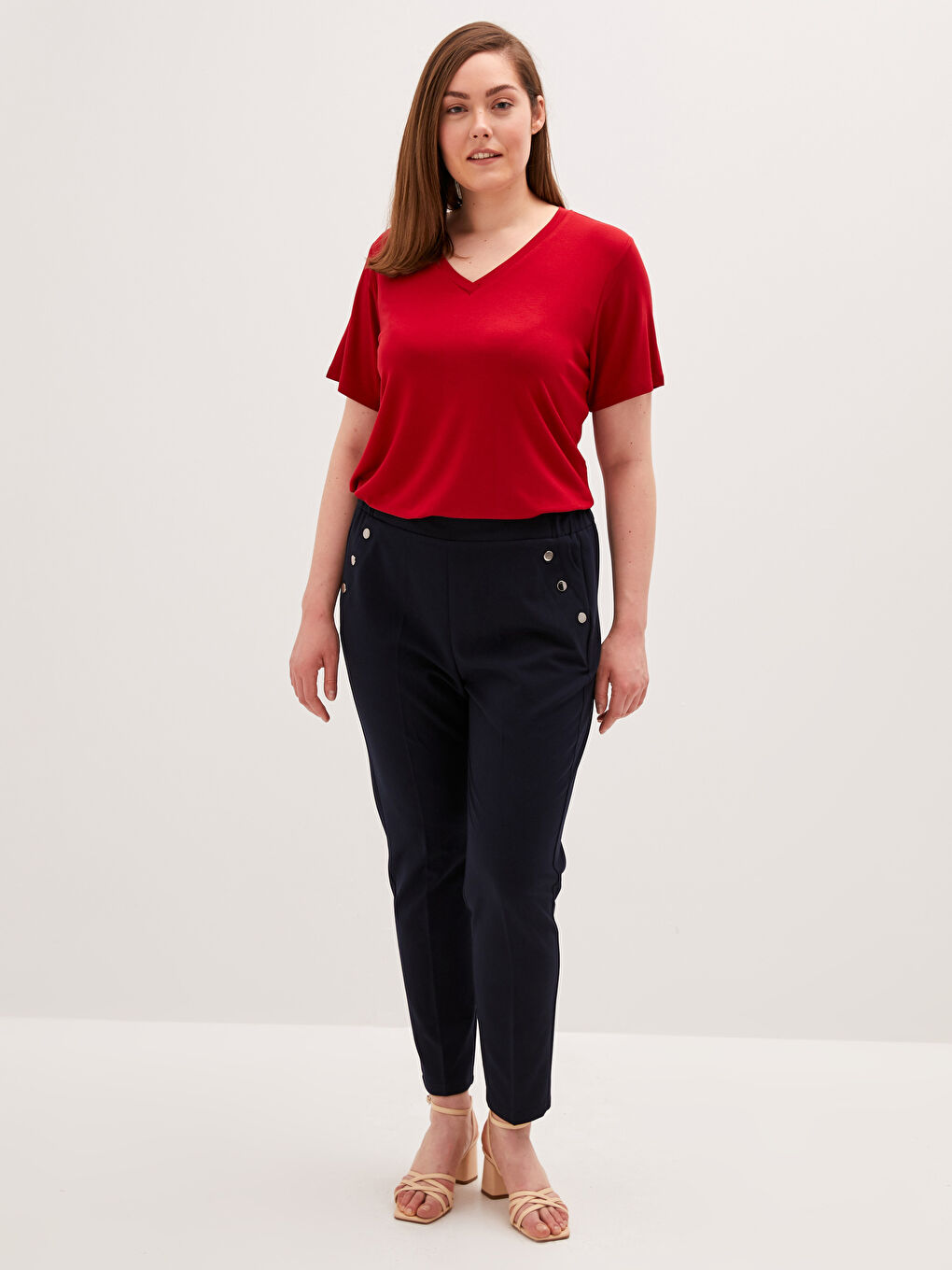 Lacivert Beli Lastikli Düğme Detaylı Pantolon-1