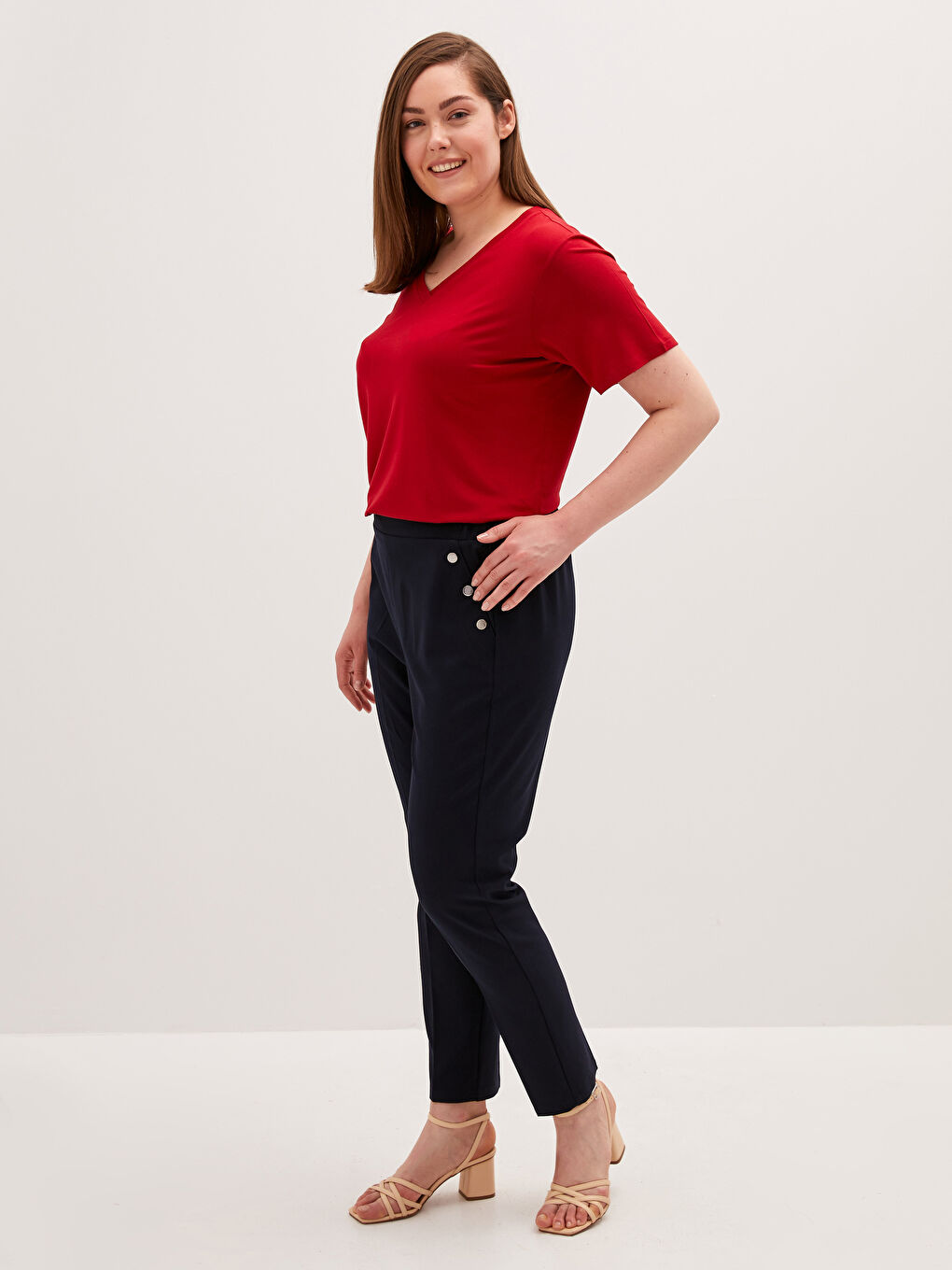 Lacivert Beli Lastikli Düğme Detaylı Pantolon-2