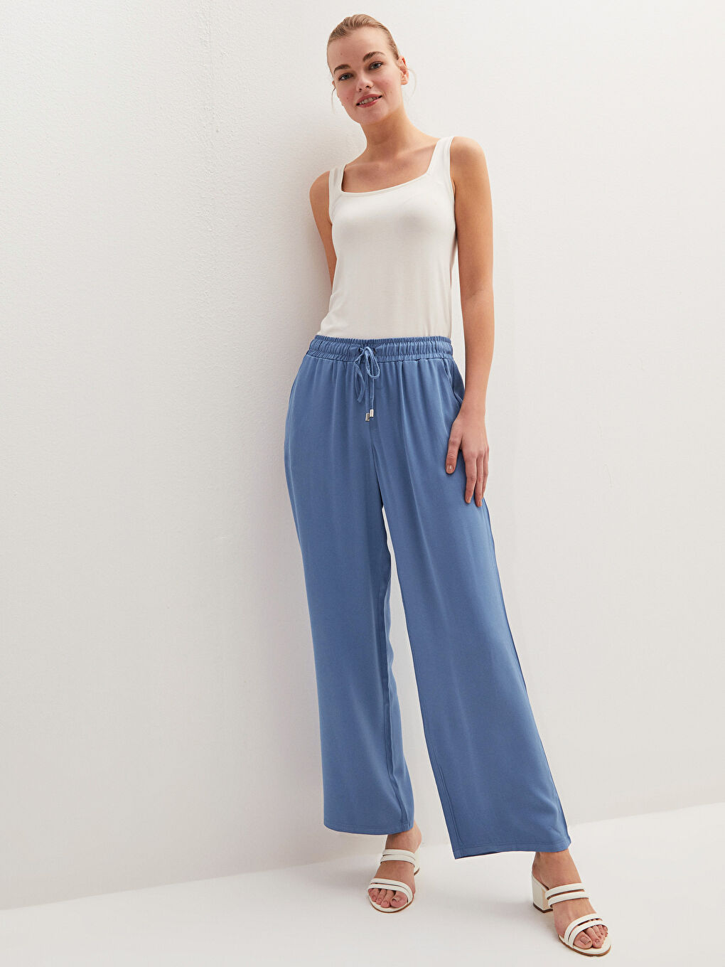 Elastic Waist Wide Leg Belmando Fabric Women's Trousers-3