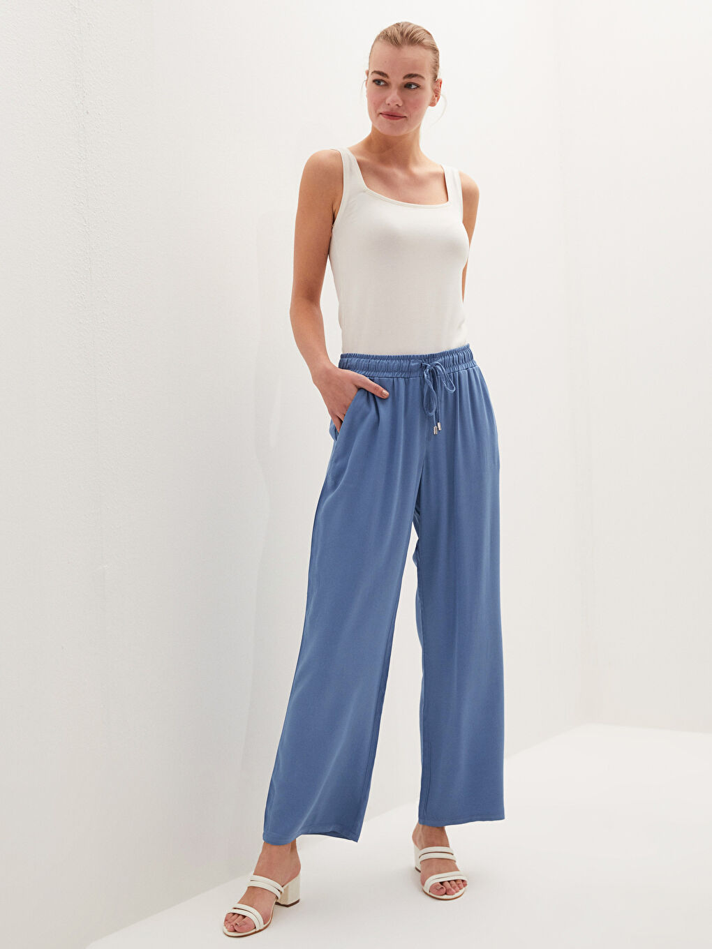 Elastic Waist Wide Leg Belmando Fabric Women's Trousers