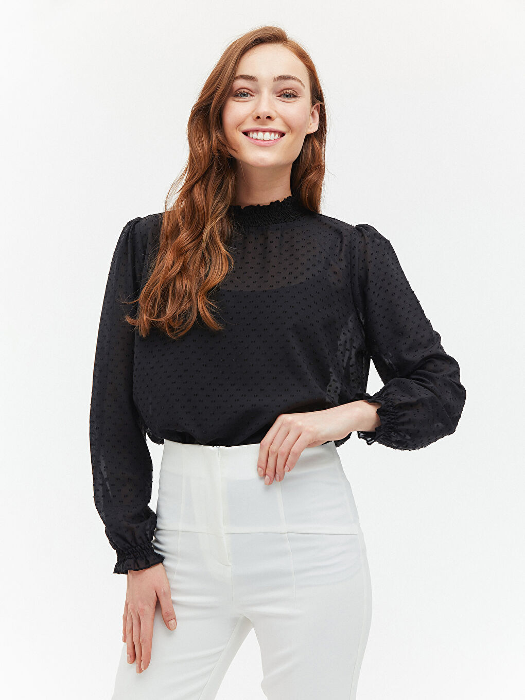 Grandad Collar Patterned Chiffon Blouse-5