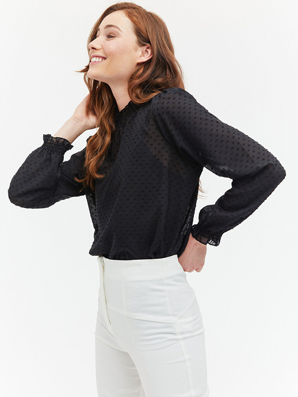 Grandad Collar Patterned Chiffon Blouse