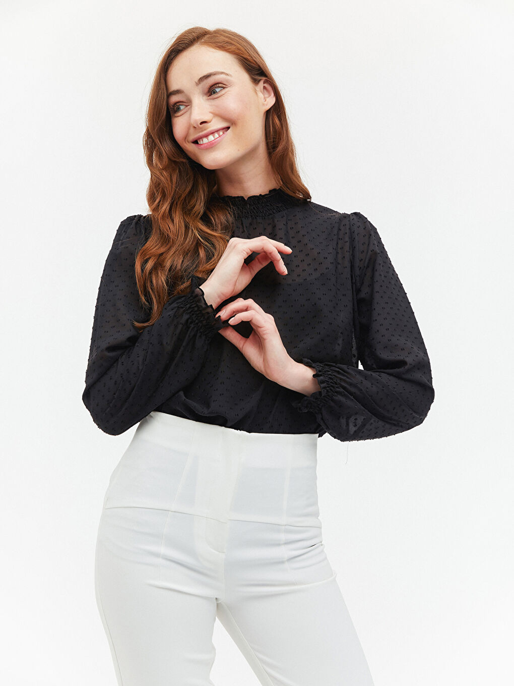 Grandad Collar Patterned Chiffon Blouse-1