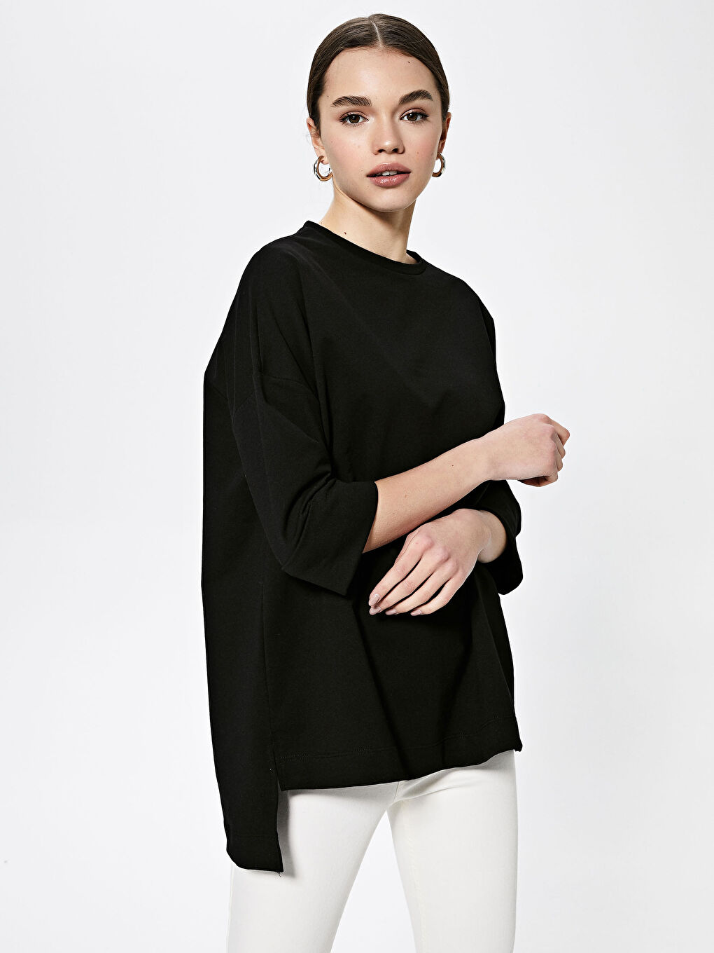 Siyah Bisiklet Yaka Düz Kısa Kollu Kadın Sweatshirt-5