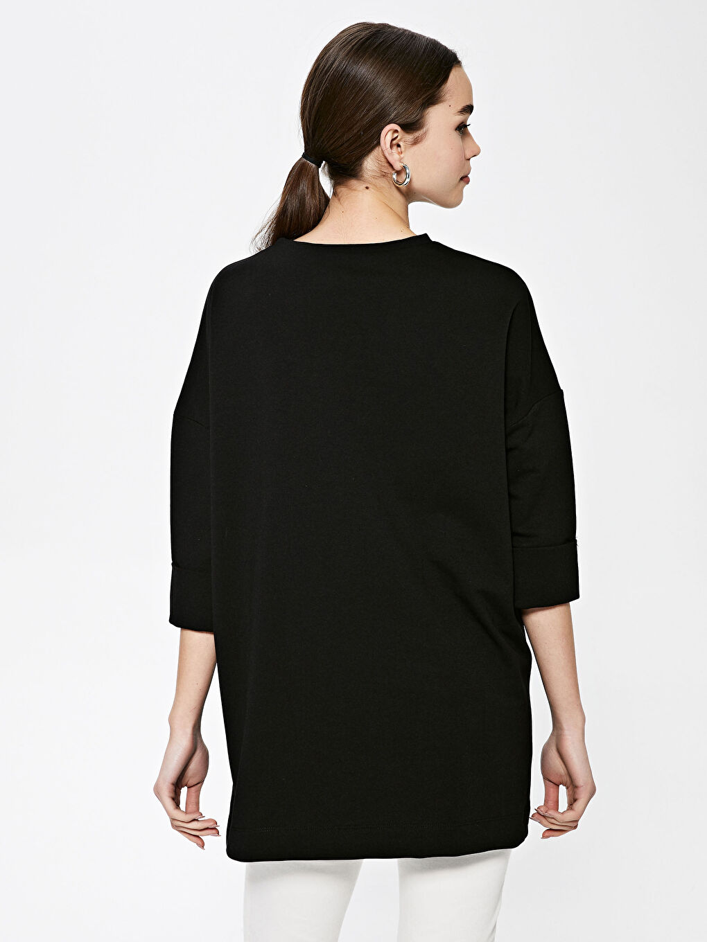 Siyah Bisiklet Yaka Düz Kısa Kollu Kadın Sweatshirt-10