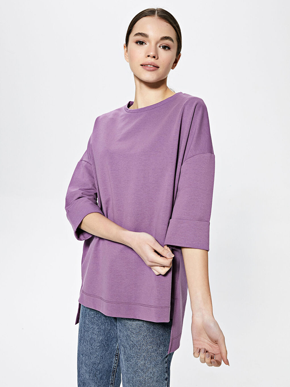 Mor Bisiklet Yaka Düz Kısa Kollu Kadın Sweatshirt