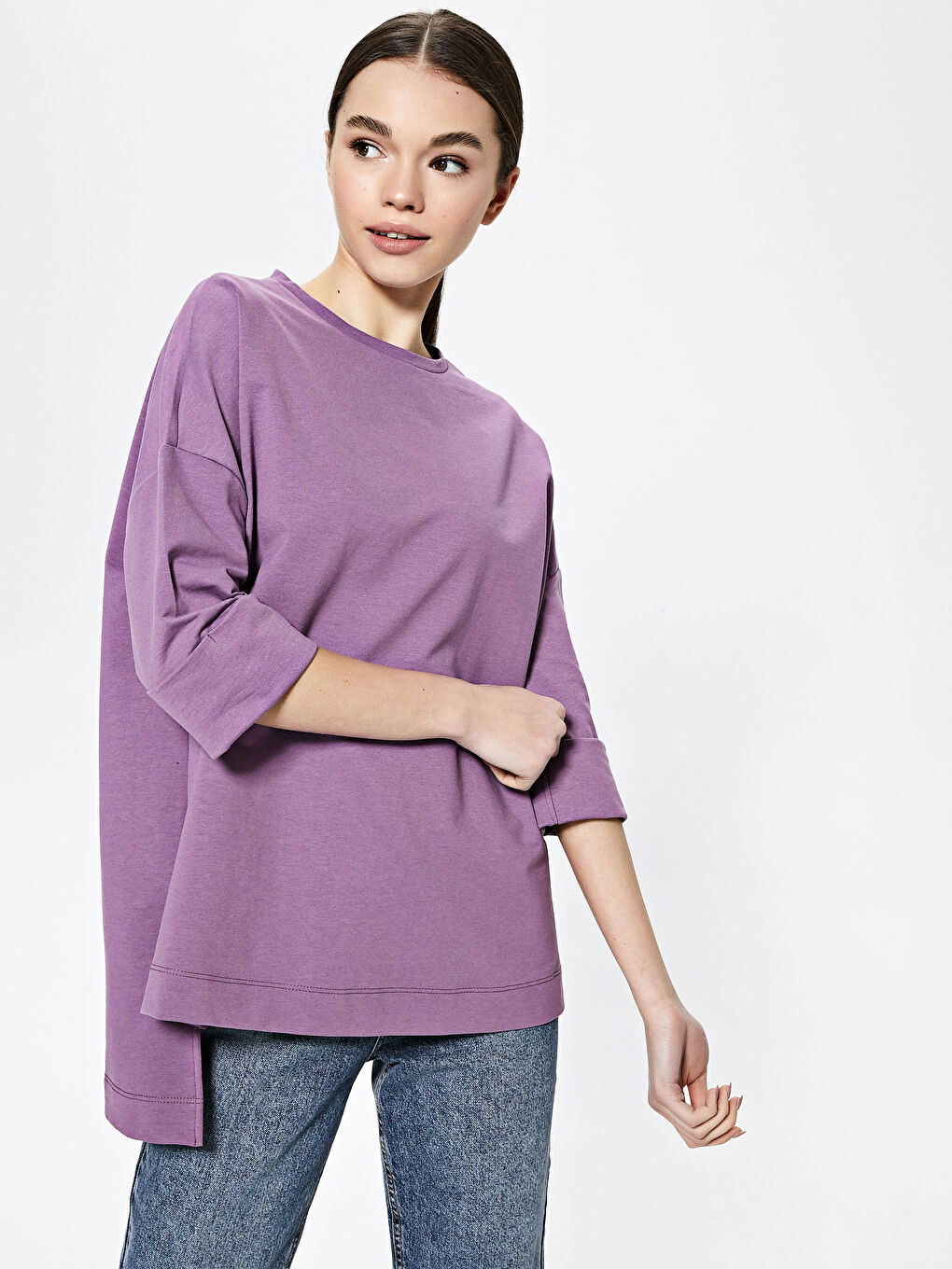 Mor Bisiklet Yaka Düz Kısa Kollu Kadın Sweatshirt-1