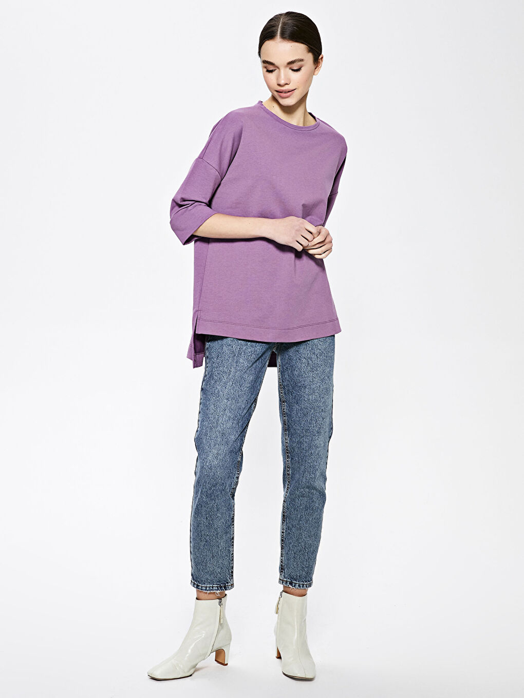 Mor Bisiklet Yaka Düz Kısa Kollu Kadın Sweatshirt-2