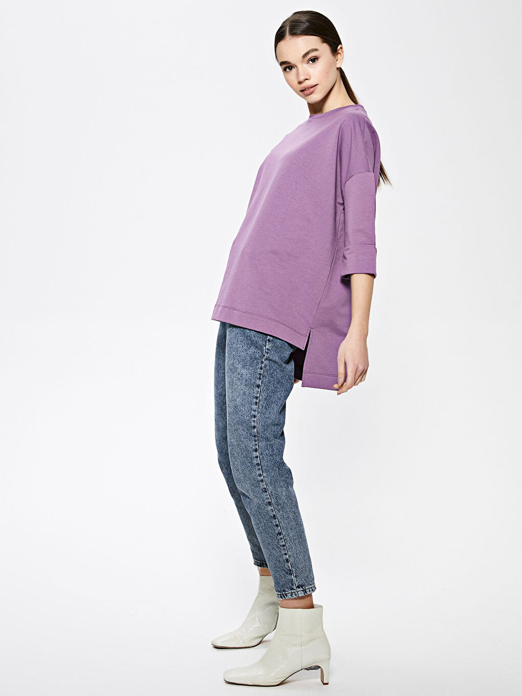 Mor Bisiklet Yaka Düz Kısa Kollu Kadın Sweatshirt-3