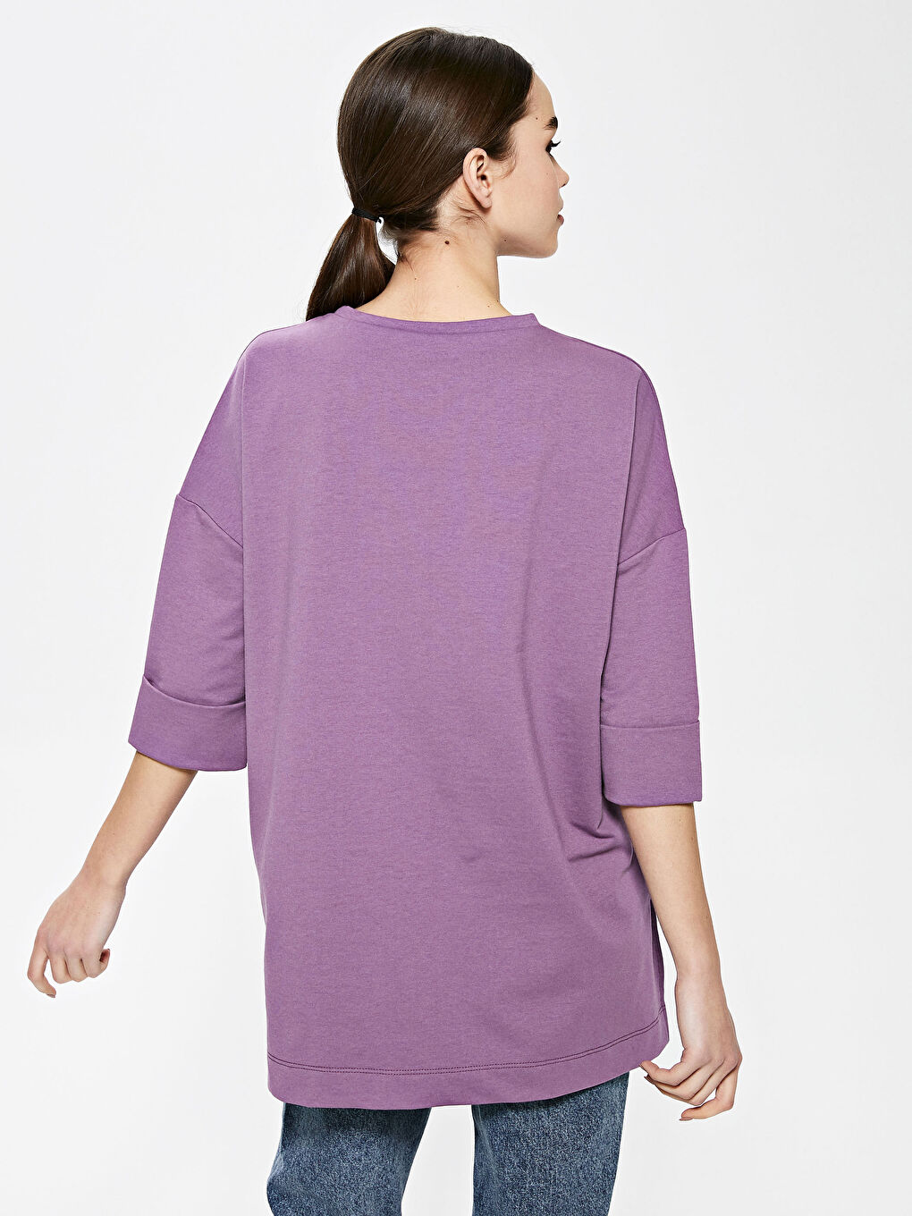 Mor Bisiklet Yaka Düz Kısa Kollu Kadın Sweatshirt-4