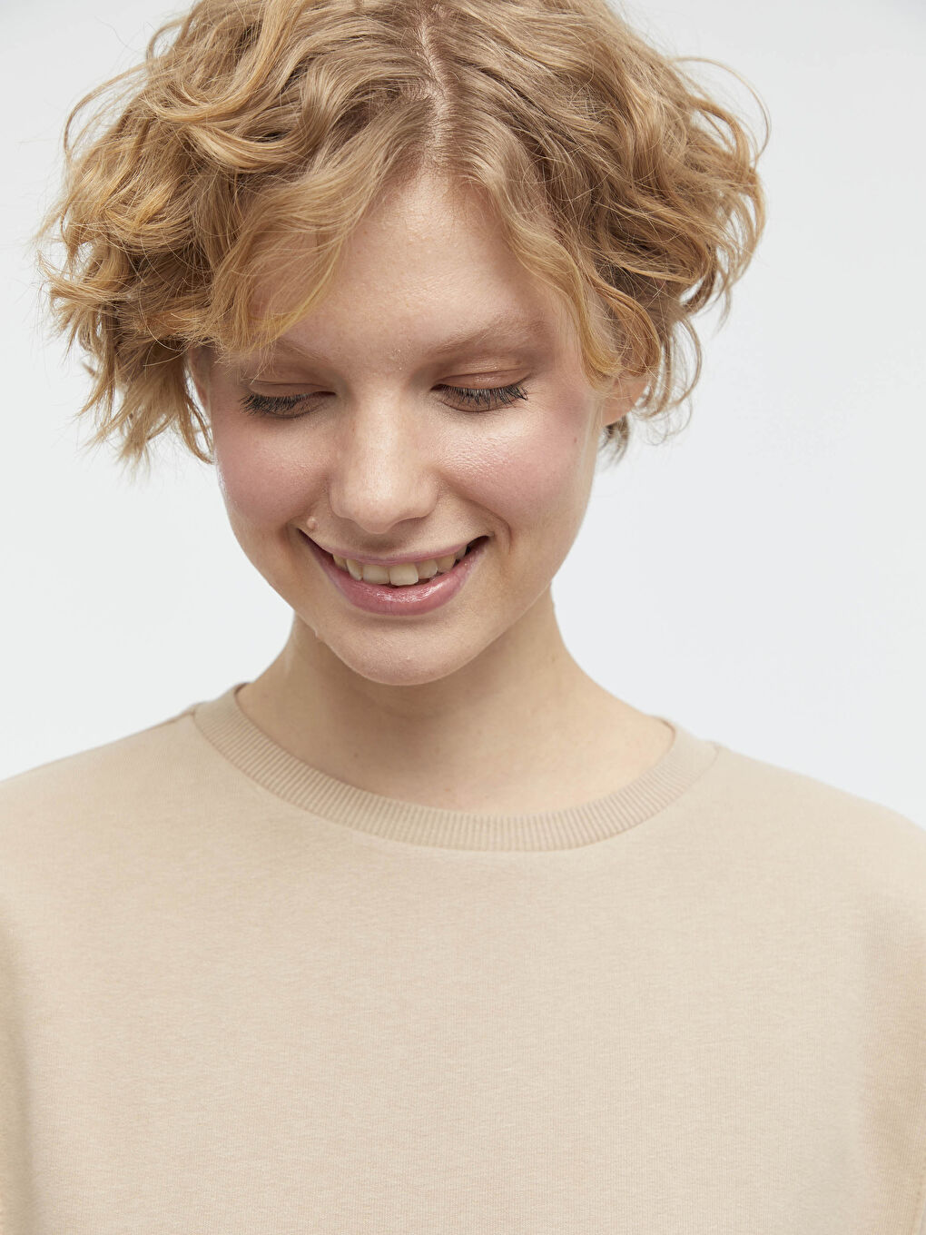 Bej Bisiklet Yaka Düz Uzun Kollu Kadın Sweatshirt-7