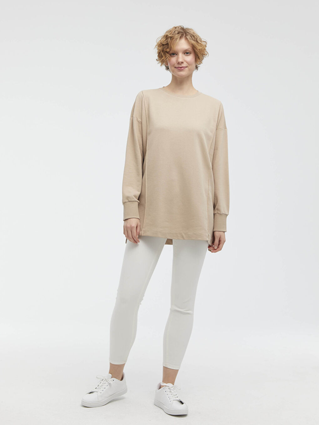 Bej Bisiklet Yaka Düz Uzun Kollu Kadın Sweatshirt-8