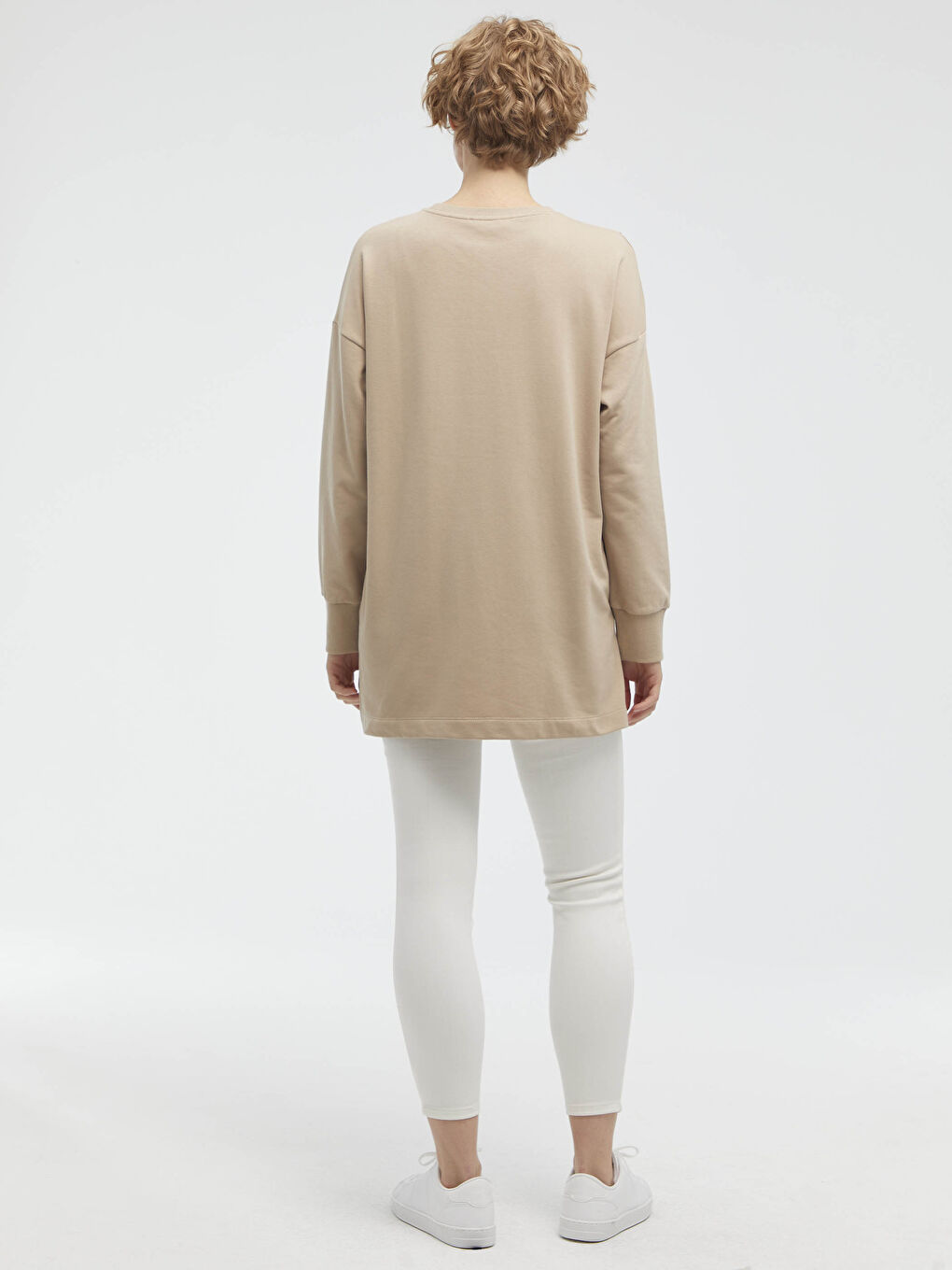 Bej Bisiklet Yaka Düz Uzun Kollu Kadın Sweatshirt-9