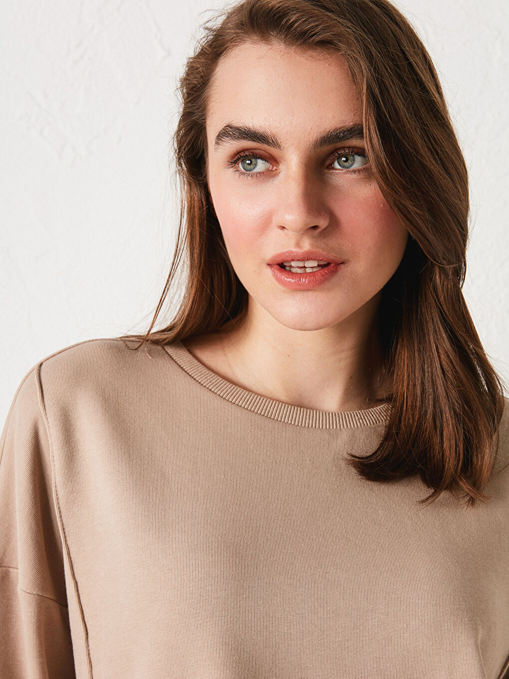 Bej Bisiklet Yaka Düz Uzun Kollu Kadın Sweatshirt-3