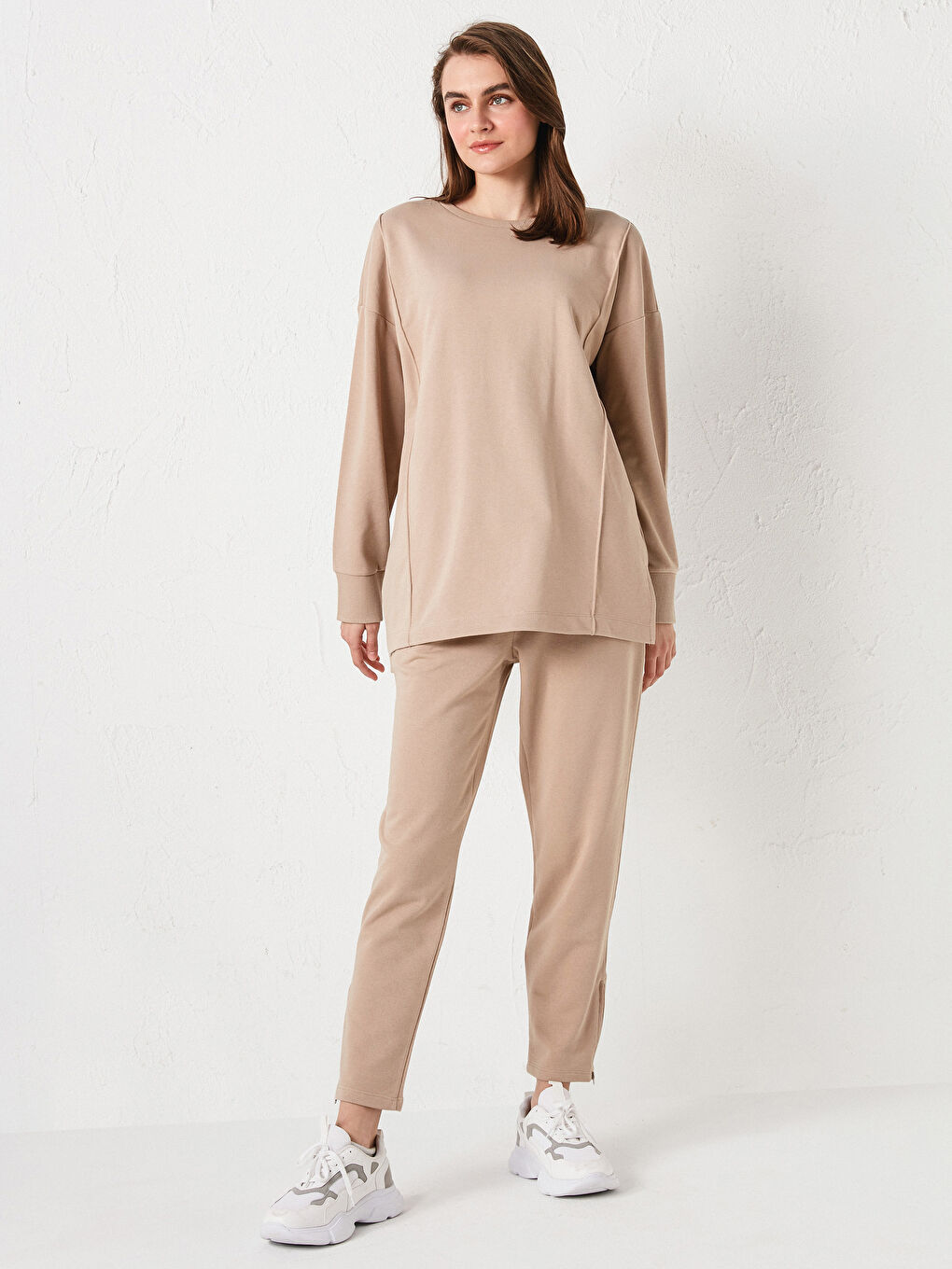 Bej Bisiklet Yaka Düz Uzun Kollu Kadın Sweatshirt-4