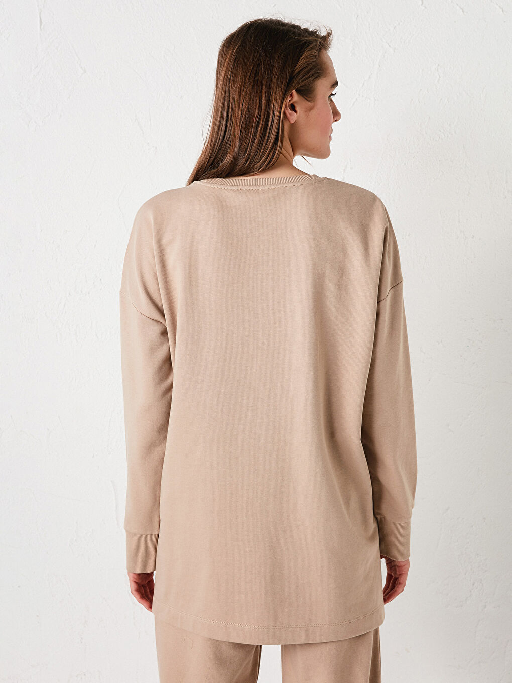 Bej Bisiklet Yaka Düz Uzun Kollu Kadın Sweatshirt-5