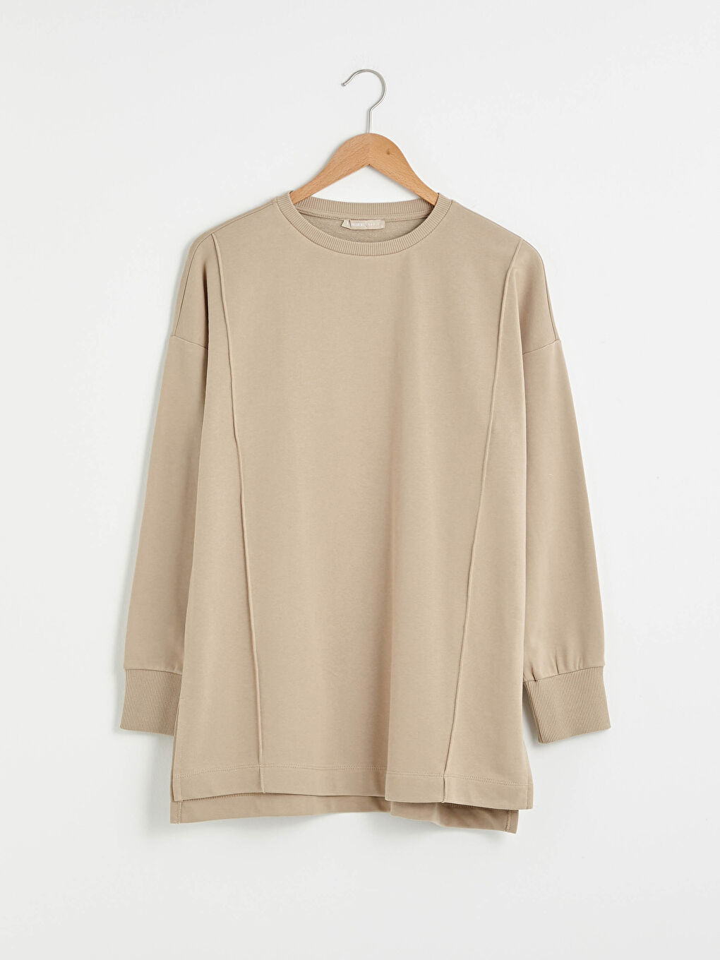 Bej Bisiklet Yaka Düz Uzun Kollu Kadın Sweatshirt-10