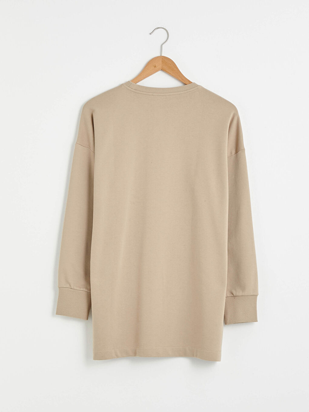 Bej Bisiklet Yaka Düz Uzun Kollu Kadın Sweatshirt-11