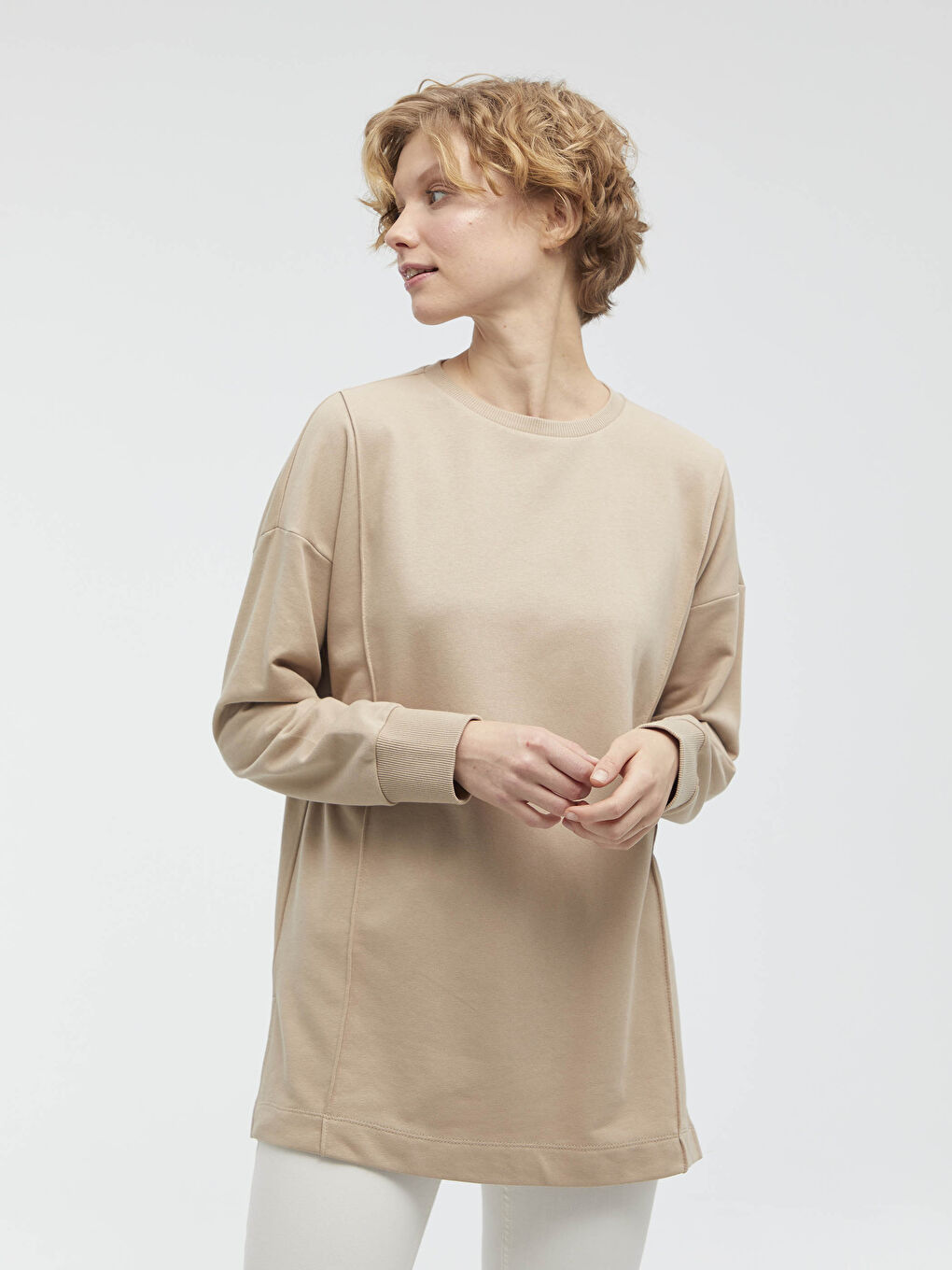 Bej Bisiklet Yaka Düz Uzun Kollu Kadın Sweatshirt-1