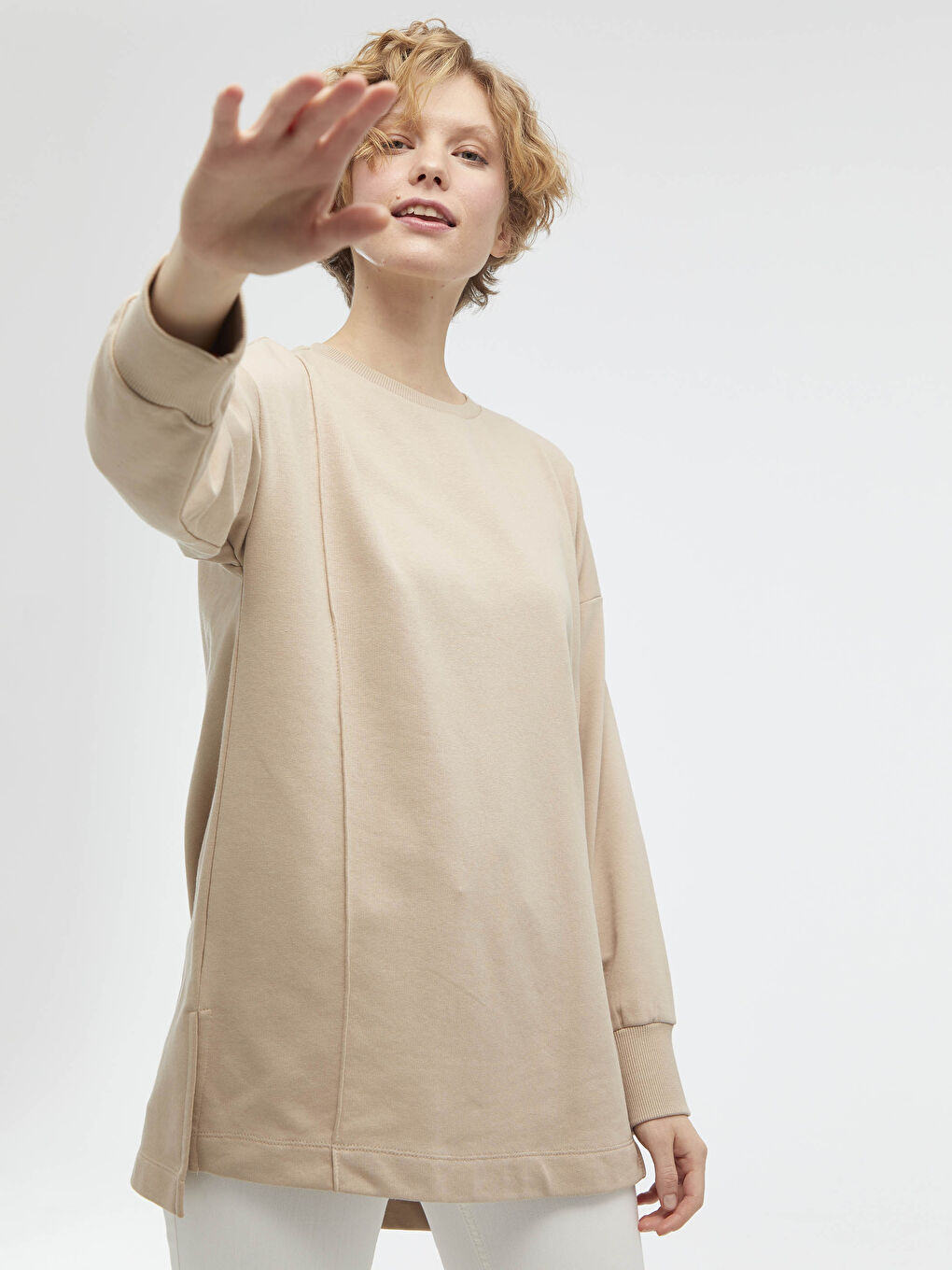 Bej Bisiklet Yaka Düz Uzun Kollu Kadın Sweatshirt-6