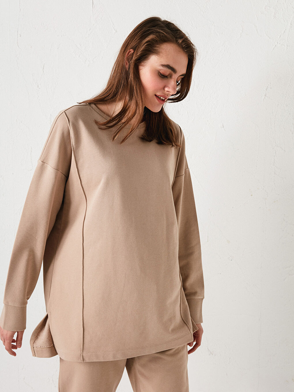 Bej Bisiklet Yaka Düz Uzun Kollu Kadın Sweatshirt-2