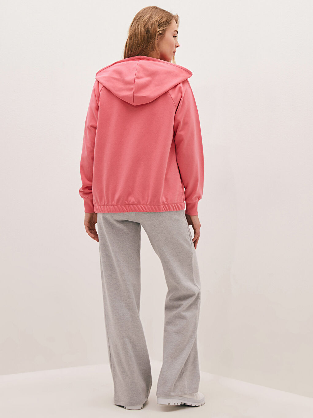 Pembe Kapüşonlu Düz Uzun Kollu Kadın Hırka-1