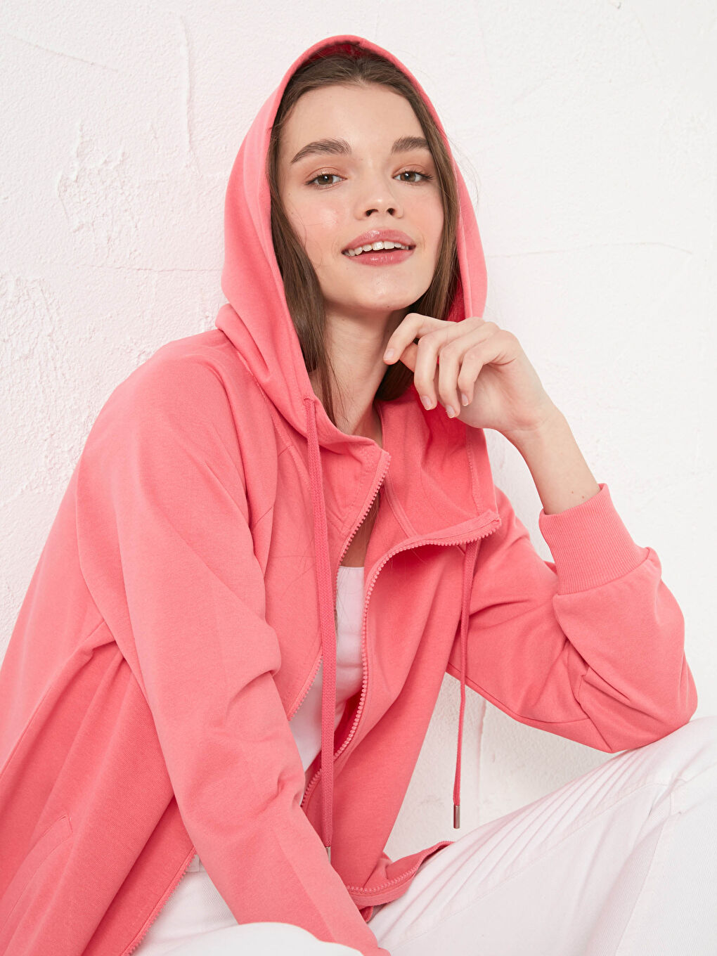 Pembe Kapüşonlu Düz Uzun Kollu Kadın Hırka-4