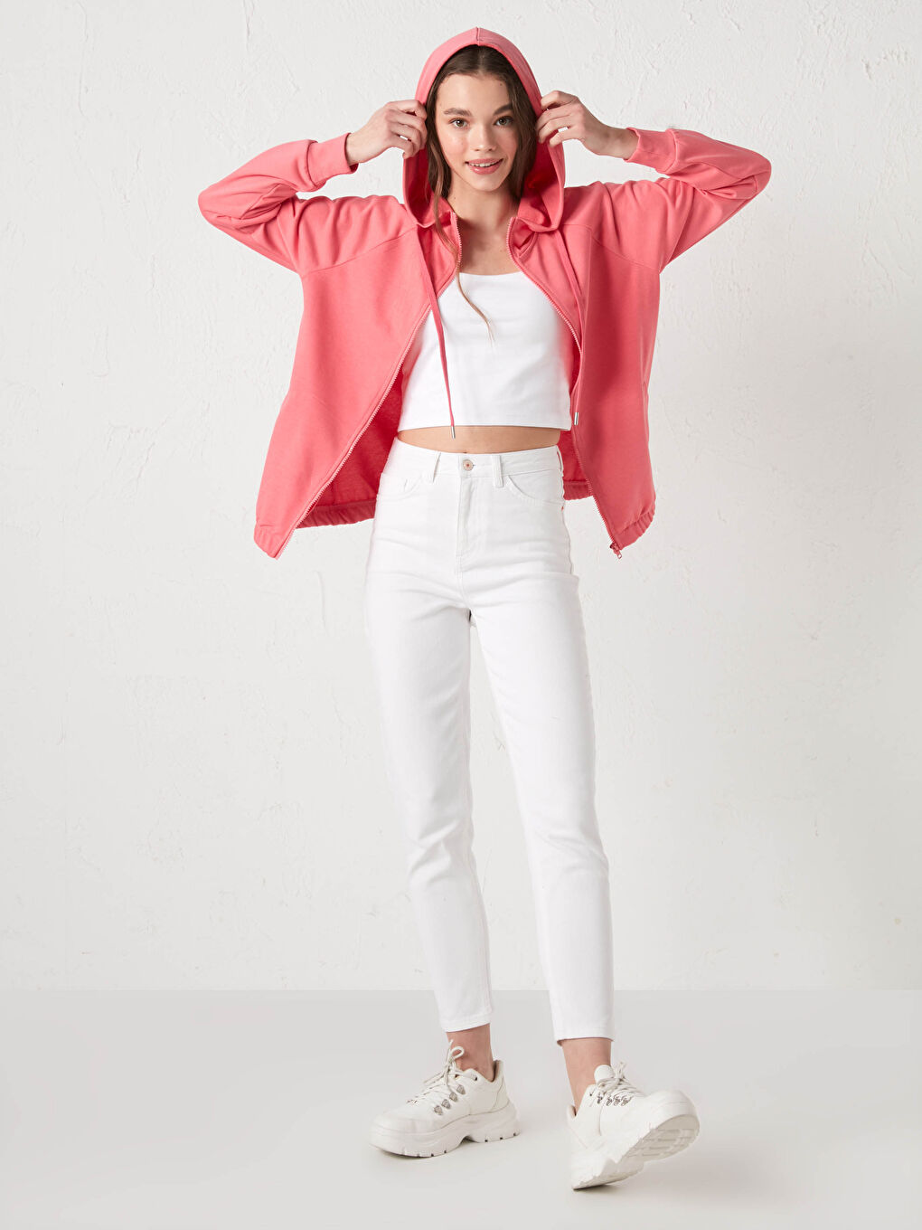 Pembe Kapüşonlu Düz Uzun Kollu Kadın Hırka-5