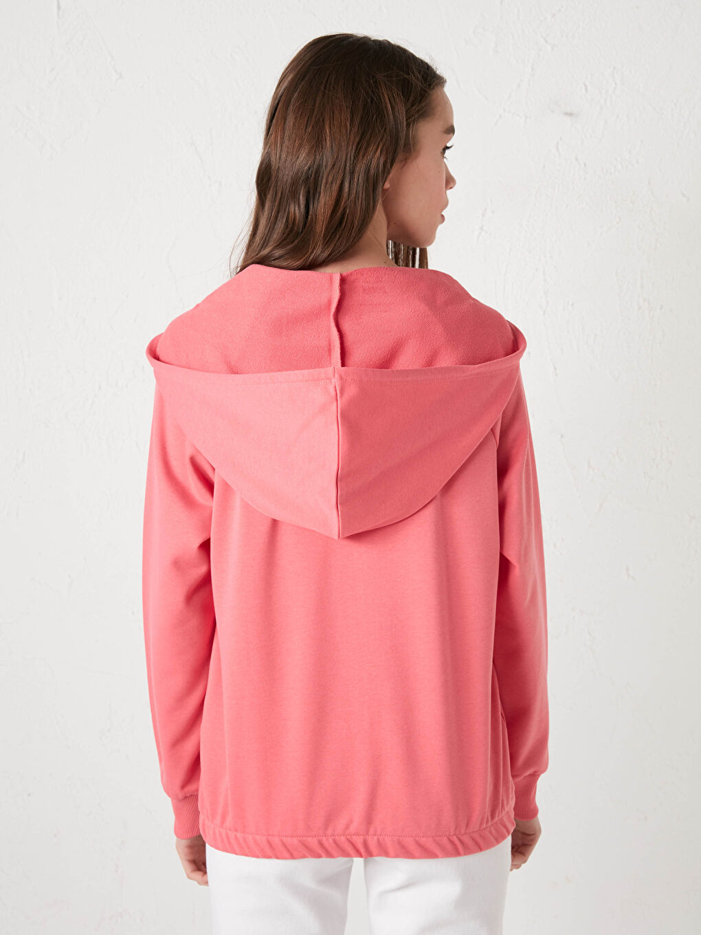 Pembe Kapüşonlu Düz Uzun Kollu Kadın Hırka-6