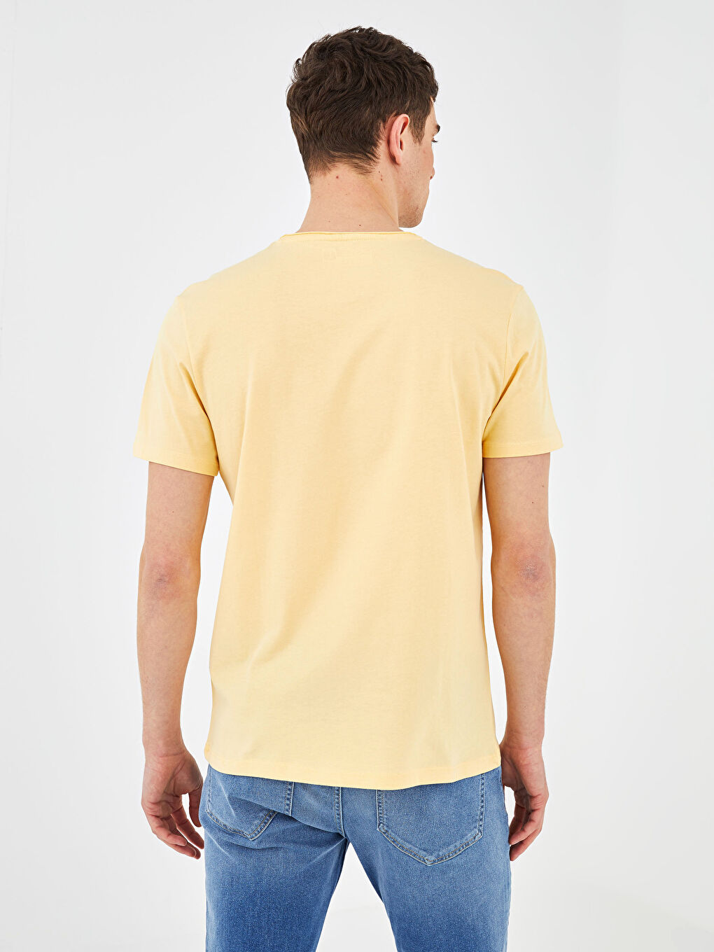 Sarı Bisiklet Yaka Basic Penye Tişört-3