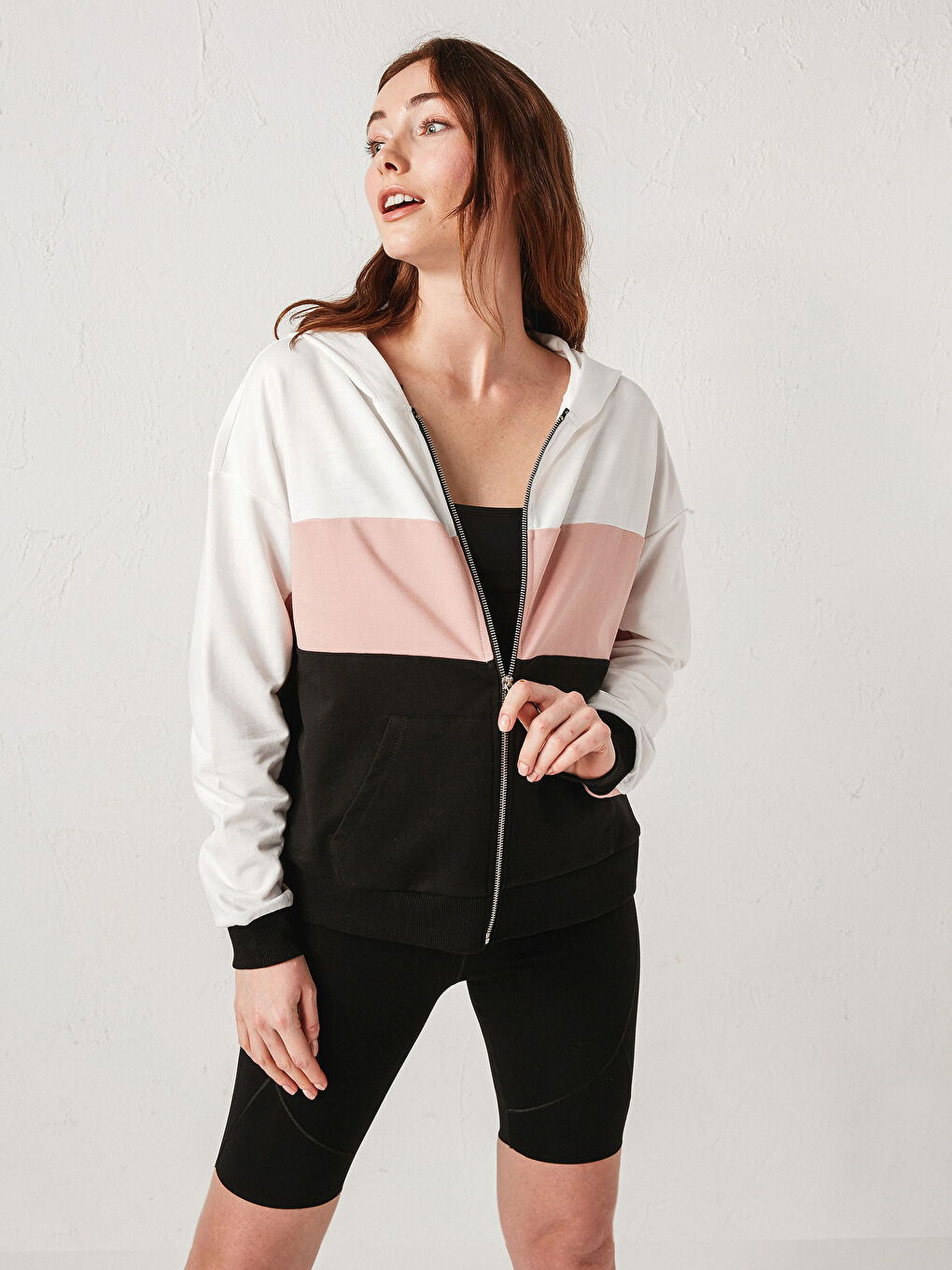 Sweat zippé à capuche Bloc de couleurs pour Femmes