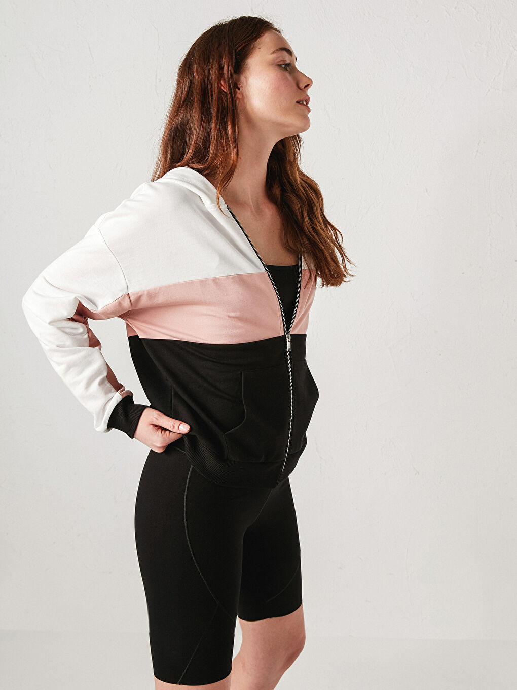 Sweat zippé à capuche Bloc de couleurs pour Femmes-1