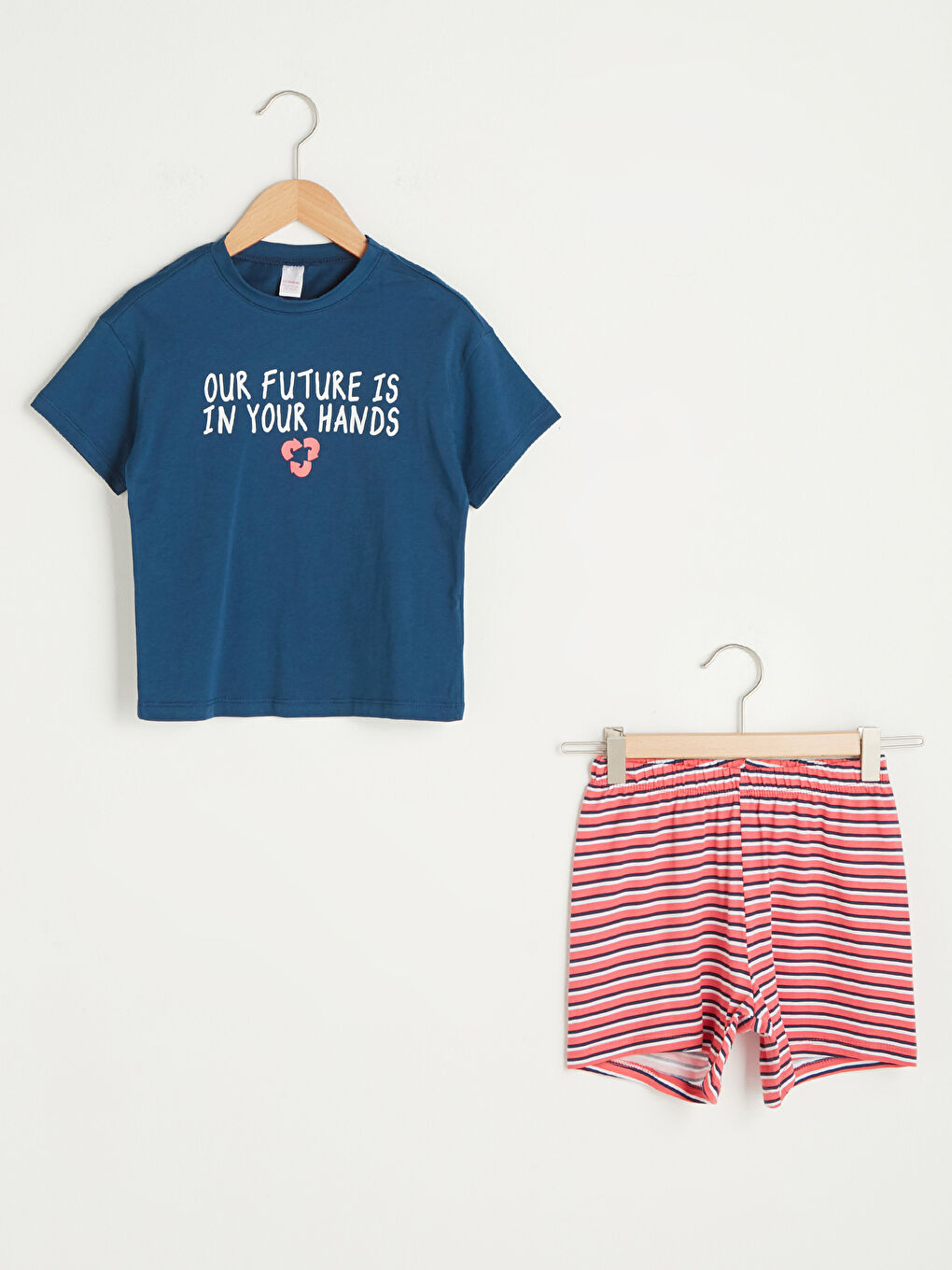 Petrol Bisiklet Yaka Baskılı Kısa Kollu Pamuklu Kız Çocuk Pijama Takımı