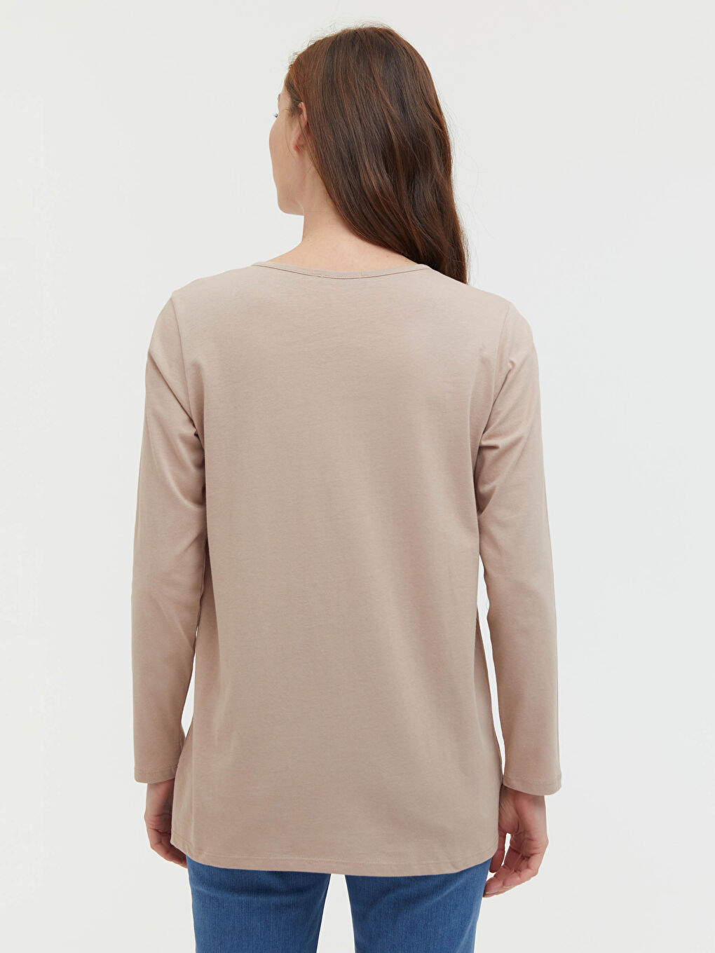 Bej V Yaka Basic Uzun Kollu Kadın Tişört-7